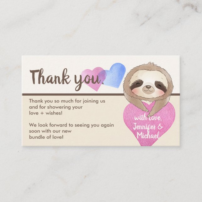 Tarjeta De Recepción Beige Brown Heart Cute Baby Sloth Gracias (Anverso)