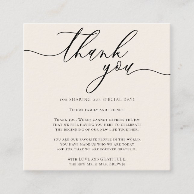 Tarjeta De Recepción Beige Marfil Gratitud Estilo Script Gracias (Anverso)