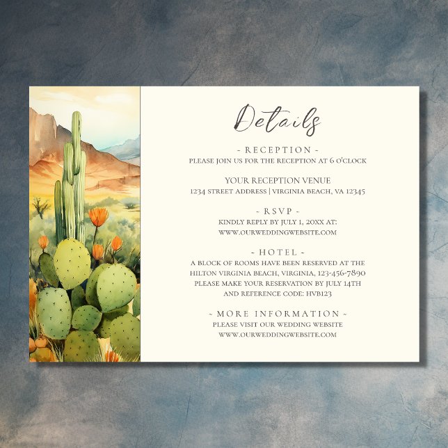 Tarjeta De Recepción Bella acuarela Desierto Cactus Boda Detalles (Front - Beautiful Watercolor Desert Cactus Wedding Details Enclosure Card)