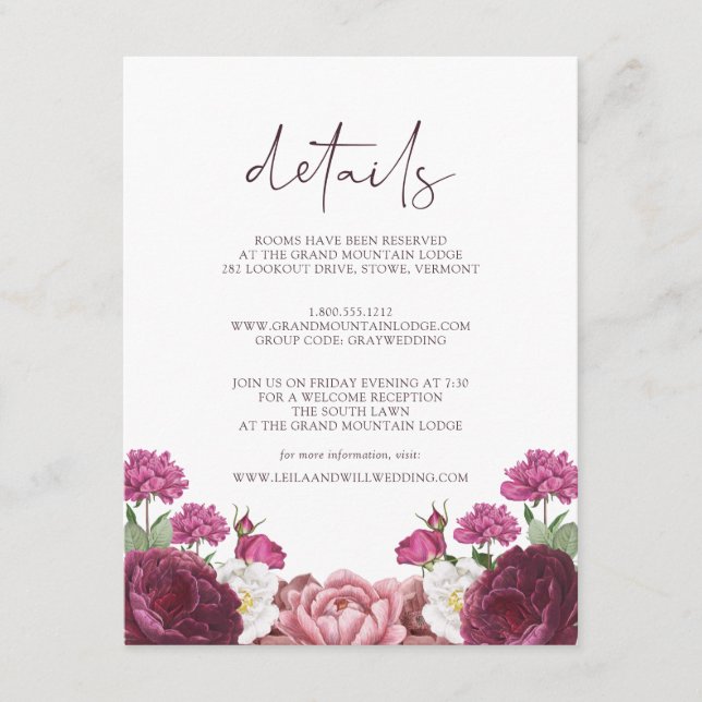 Tarjeta De Recepción Bella Floral Borgoña Boda detalles (Anverso)