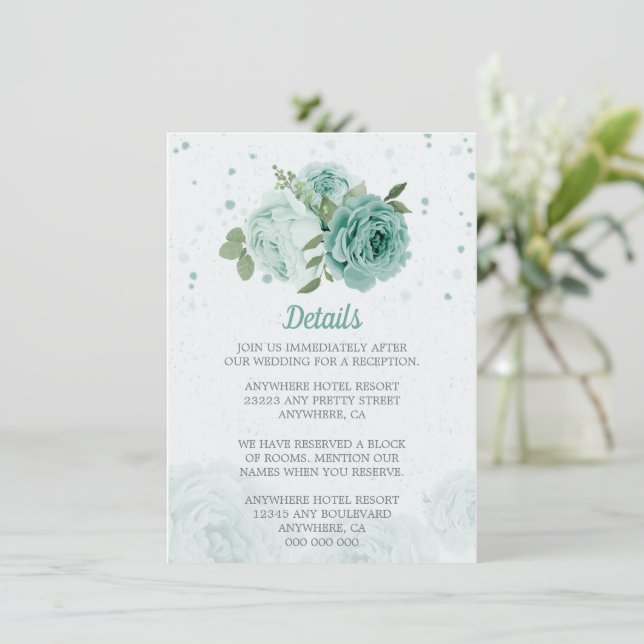 Tarjeta De Recepción bellas flores azules verde botánico (Anverso de pie)