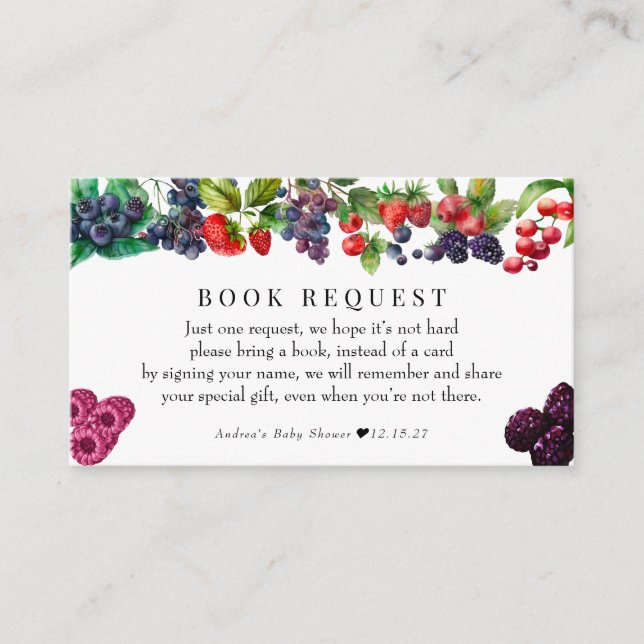 Tarjeta De Recepción Berry Sweet Baby Shower Books For Baby (Anverso)