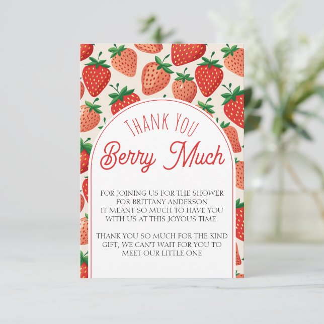 Tarjeta De Recepción Berry Sweet Strawberry Baby Shower Gracias (Anverso de pie)