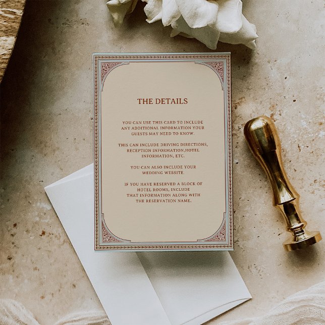 Tarjeta De Recepción Biblioteca | Detalles del Boda de cuadros de época (A vintage, Victorian inspired wedding detail card in neutral tones with ornate borders)