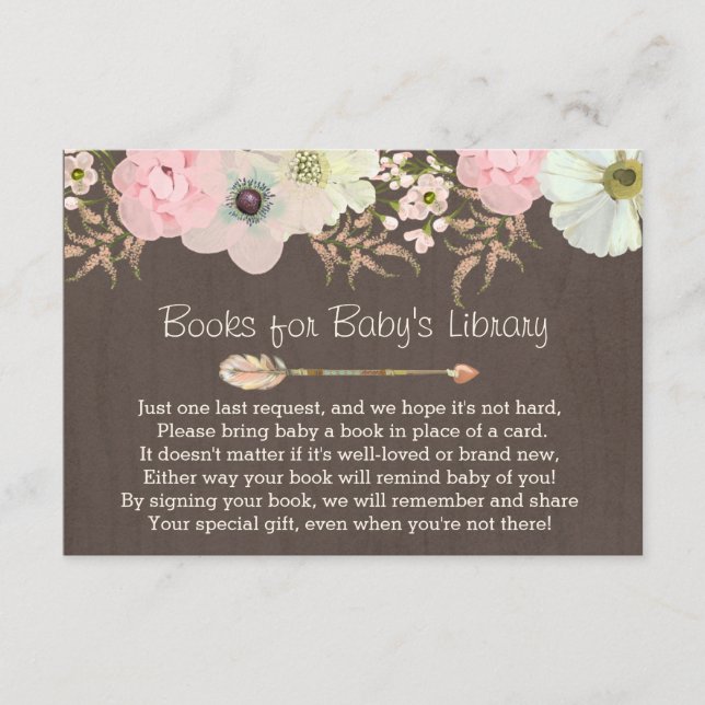 Tarjeta De Recepción Bibliotecas de Boho Rustic Floral Feather Baby Ins (Anverso)