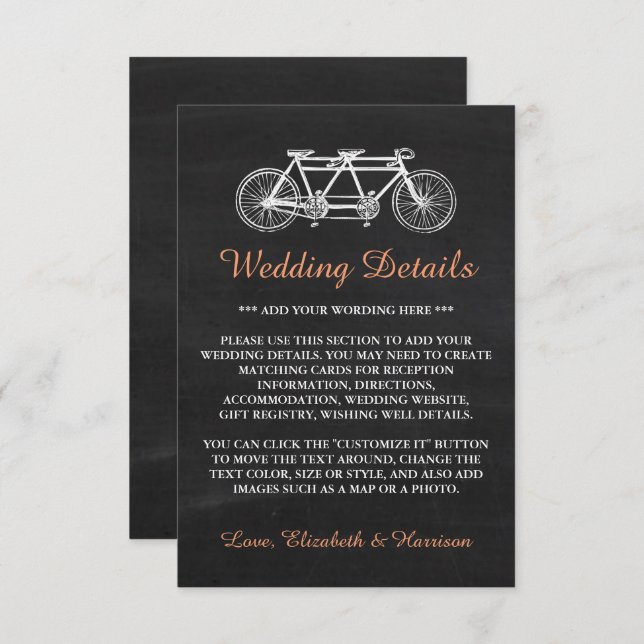 Tarjeta De Recepción Bicicleta tándem en el Boda de pizarra Insertar de (Anverso / Reverso)