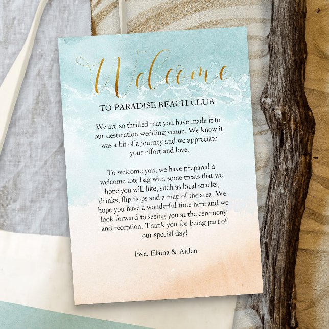 Tarjeta De Recepción Bienvenida a la boda de destino de la costa (Tropical Beach Resort destination wedding welcome card - Boho Beach Collection)