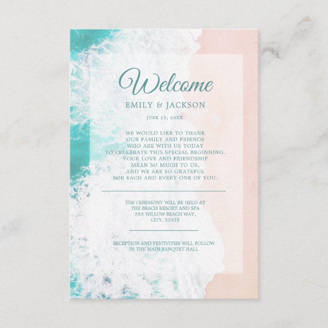 Tarjeta De Recepción Bienvenida a un Boda verde azulado del Océano Blan (Anverso)
