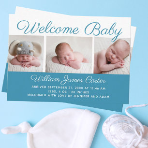Tarjeta De Recepción Bienvenida Bebé Niño Foto Azul Cuta Nacimiento Peq