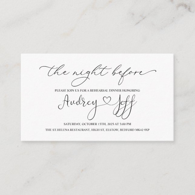 Tarjeta De Recepción Bienvenida blanca negra a la noche antes del cierr (Anverso)