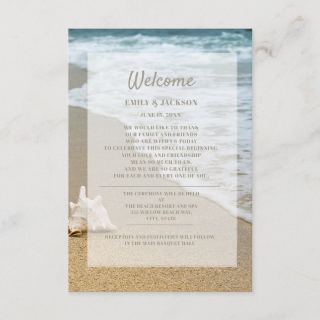 Tarjeta De Recepción Bienvenidos Bodas de Sandy Beach Ocean Seashell (Anverso)