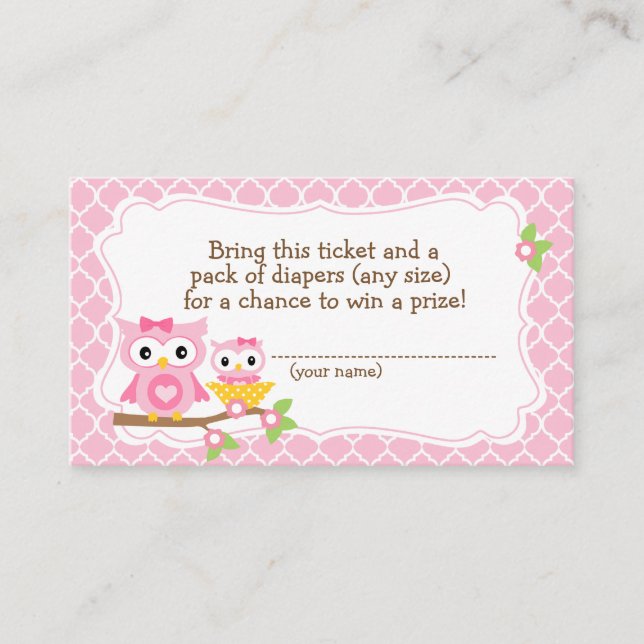 Tarjeta De Recepción Billete de Owl Baby Shower Diaper Raffle (Anverso)