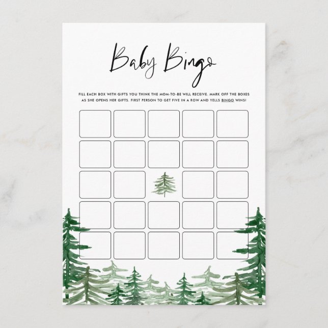 Tarjeta De Recepción Bingo de Baby Shower Bosque Forestal Acuarela (Anverso)