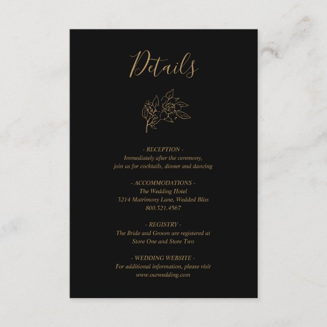 Tarjeta De Recepción Black and Gold LIne Art Floral Elegant Wedding (Anverso)