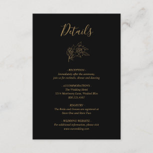 Tarjeta De Recepción Black and Gold LIne Art Floral Elegant Wedding