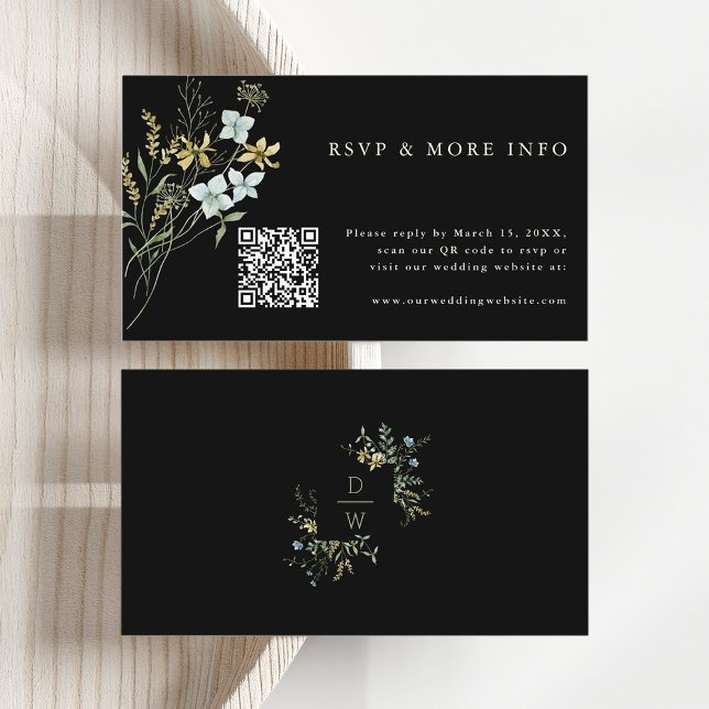 Tarjeta De Recepción Black Delicate Wildflower Modern Boho Wedding RSVP (Front & Back)