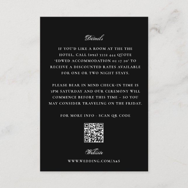 Tarjeta De Recepción Black EDITABLE QR CÓDIGO Clásico Boda Elegante (Anverso)