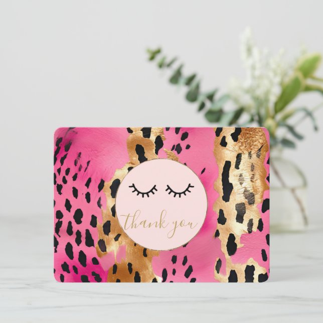 Tarjeta De Recepción Black Eyelashes Pink Gold Leopard Gracias (Anverso de pie)