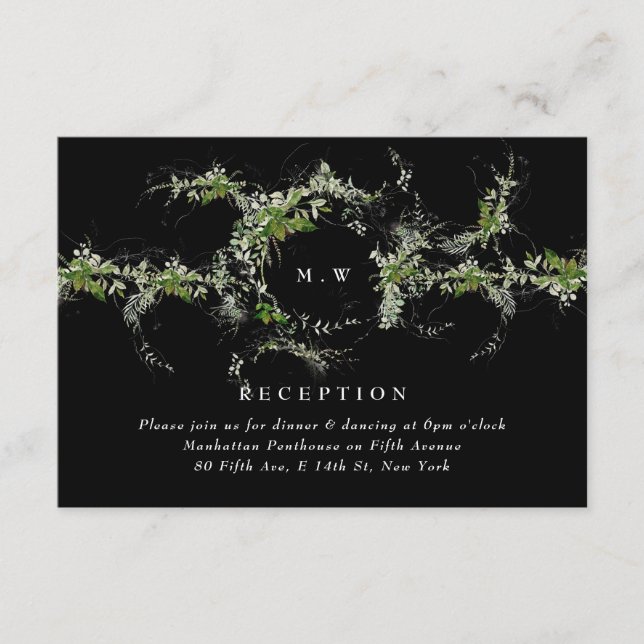 Tarjeta De Recepción Black Formal Eucalyptus Wreath Monogram Wedding (Anverso)