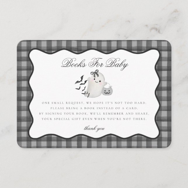 Tarjeta De Recepción Black Gingham Cute Ghost Books para el bebé (Anverso)