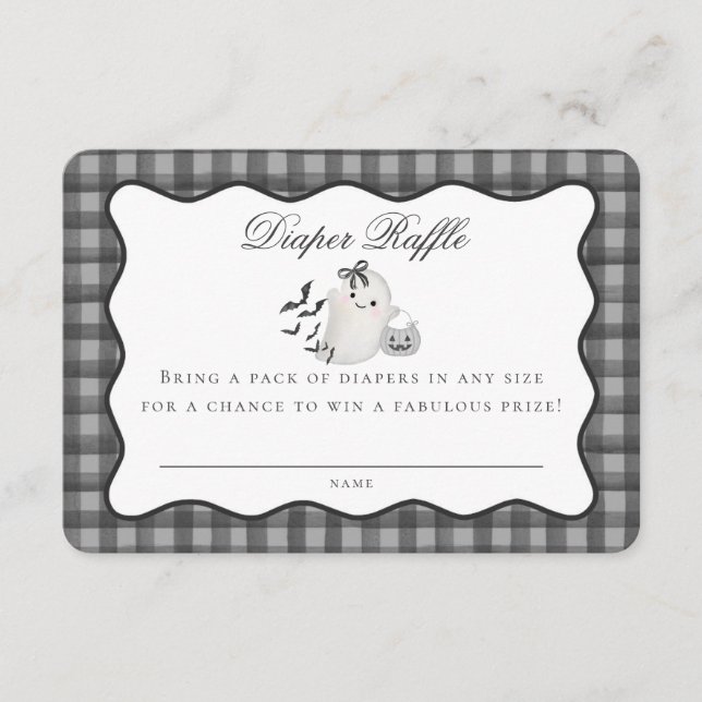 Tarjeta De Recepción Black Gingham Cute Ghost Diaper Raffle Insert (Anverso)