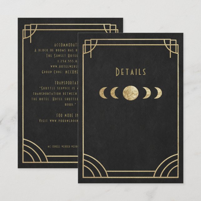 Tarjeta De Recepción Black & gold deco wedding details card (Anverso / Reverso)