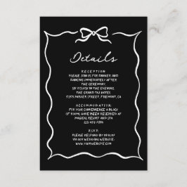 Tarjeta De Recepción Black Hand Drawn White Bow Wedding Details
