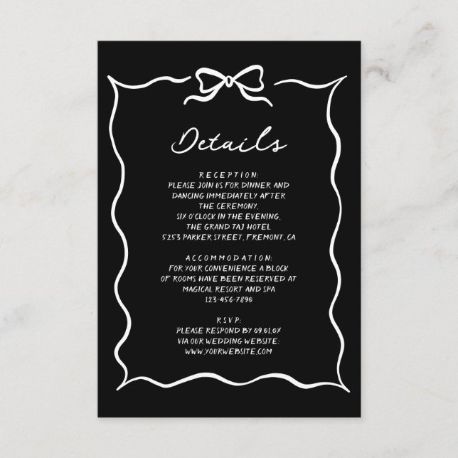 Tarjeta De Recepción Black Hand Drawn White Bow Wedding Details (Anverso)