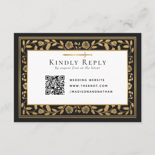 Tarjeta De Recepción Black Medieval Sword Wedding RSVP Código QR (Anverso)