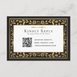 Tarjeta De Recepción Black Medieval Sword Wedding RSVP Código QR