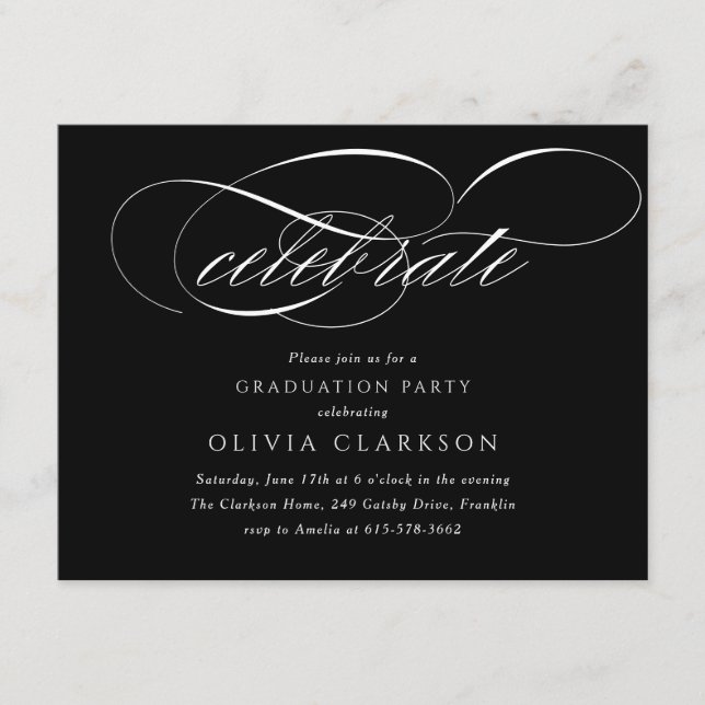 Tarjeta De Recepción Black Modern Elegant Script Graduation Party (Anverso)