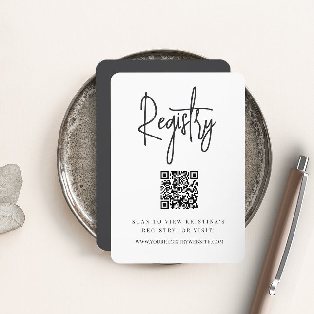 Tarjeta De Recepción Black | Modern Script QR Code Bridal Registry (Subido por el creador)
