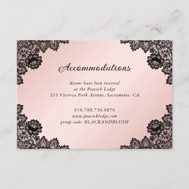 Tarjeta De Recepción Black Pink Floral Lace Wedding Details Information (Anverso)