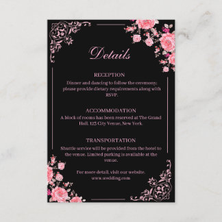 Tarjeta De Recepción Black & Pink Floral Wedding Enclosure Card