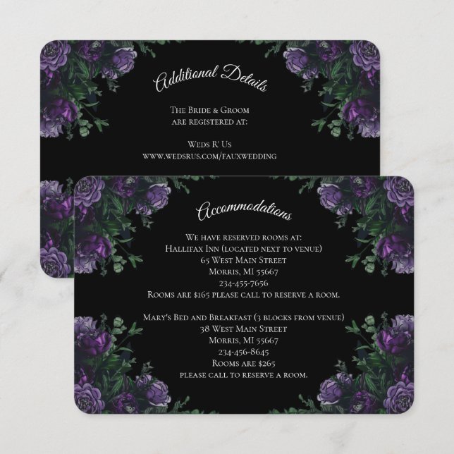 Tarjeta De Recepción Black Purple Floral Elegant Wedding Gótico (Anverso / Reverso)