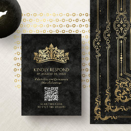 Tarjeta De Recepción Black Tiara CrownQuinceanera QR RSVP