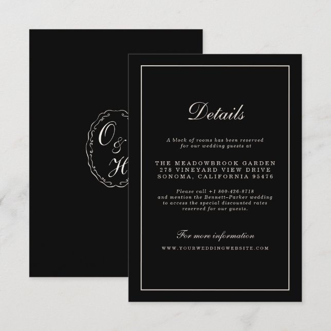 Tarjeta De Recepción Black Tie Wedding Classic Details Enclosure Card (Anverso / Reverso)