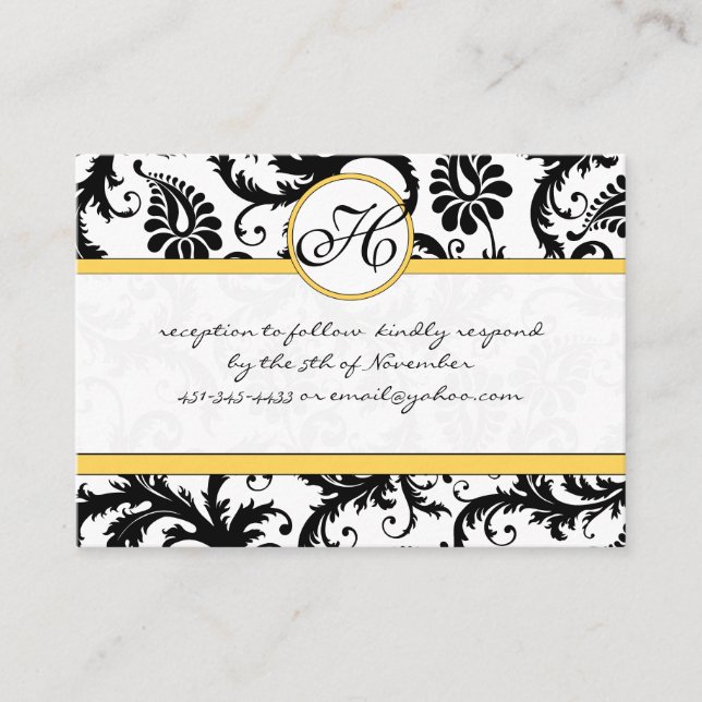 Tarjeta De Recepción Black White Damask Yellow Trim Wedm Wedding RSVP (Anverso)