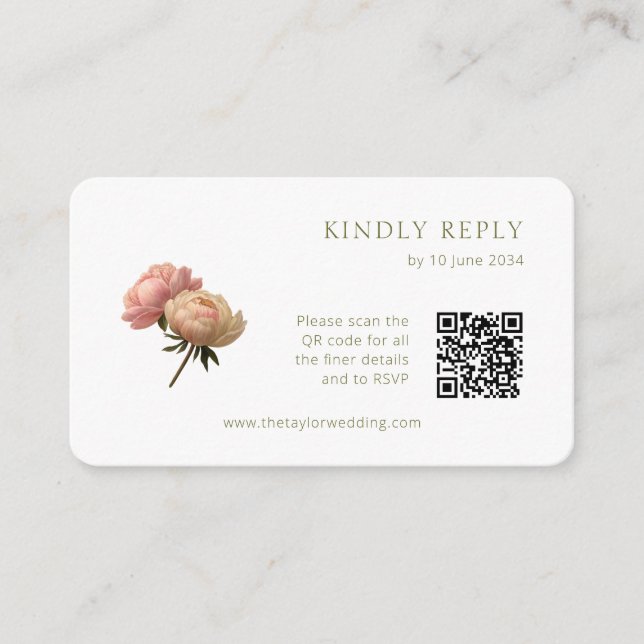 Tarjeta De Recepción Blanca | Código QR de Rosa de moda RSVP (Anverso)