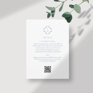 Tarjeta De Recepción Blanco + azul   Boda de código QR monogramado flor