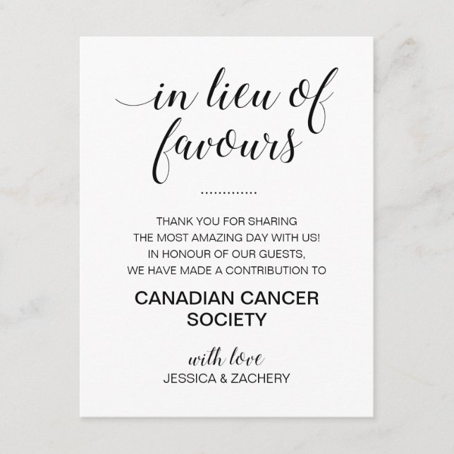 Tarjeta De Recepción Blanco Negro En Lugar De Boda Favorece La Caridad (Anverso)