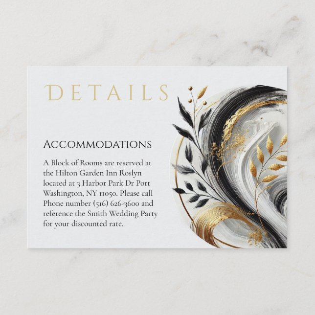 Tarjeta De Recepción Blanco negro moderno y Boda-botánico de oro - En (Reverso)