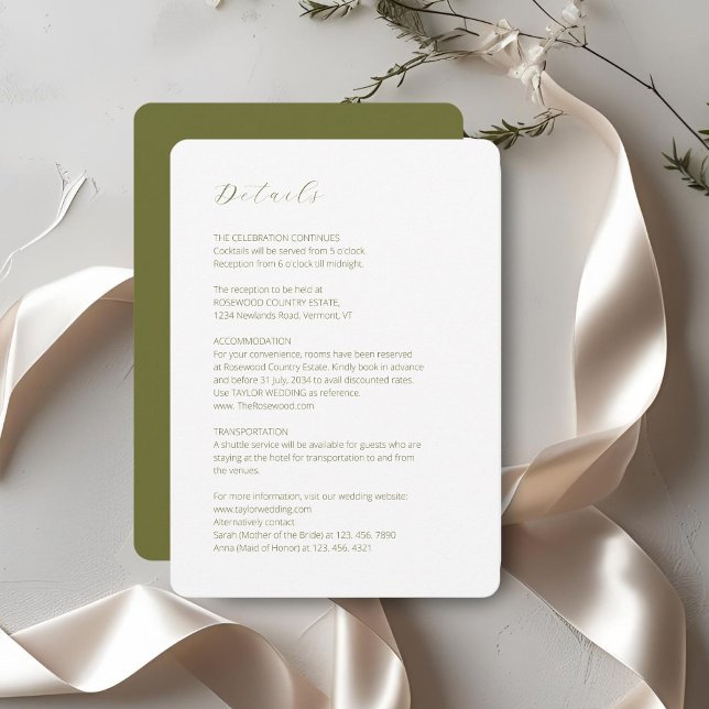 Tarjeta De Recepción Blanco y oliva | Detalle del Boda mínimo de script (Subido por el creador)
