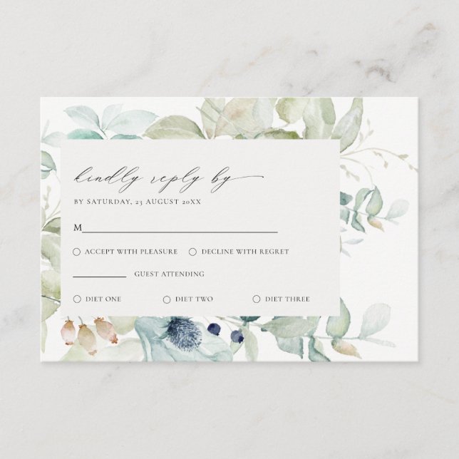 Tarjeta De Recepción Blanda Pastel Azul Verde Foliage Frame Wedding RSV (Anverso)