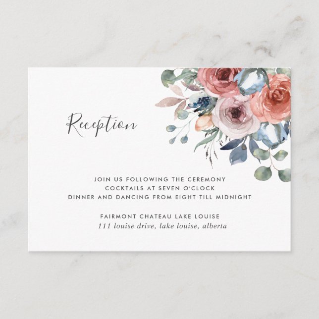Tarjeta De Recepción Blissful Floral Dusty Blue Wedding (Anverso)