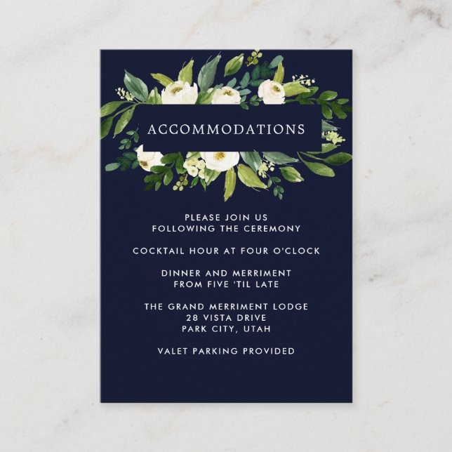 Tarjeta De Recepción Bloom blanco | Detalles del hotel BODA Alojamiento (Anverso)