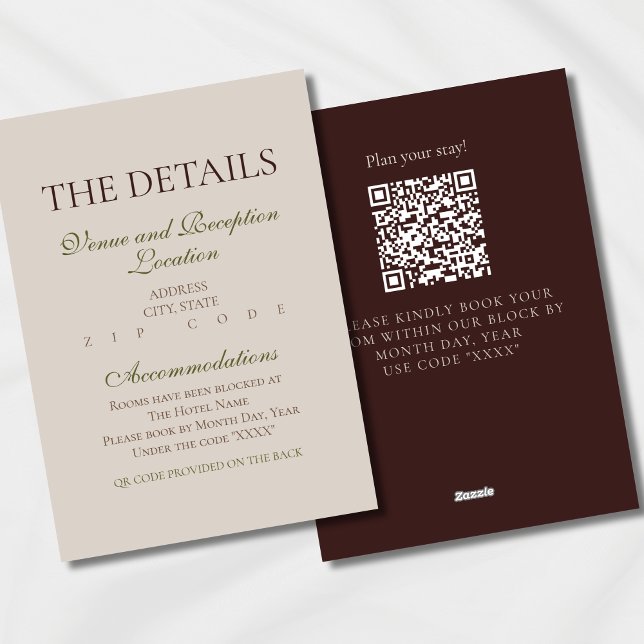 Tarjeta De Recepción Bloque de Hotel de Boda Mousse Marrón Moderno con  (Modern Elegant Mousse Brown Wedding Suite Theme with options to personalize for your special day.)