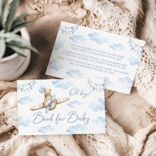 Tarjeta De Recepción Blue Airplane Teddy Bear Bow Book para Baby Shower