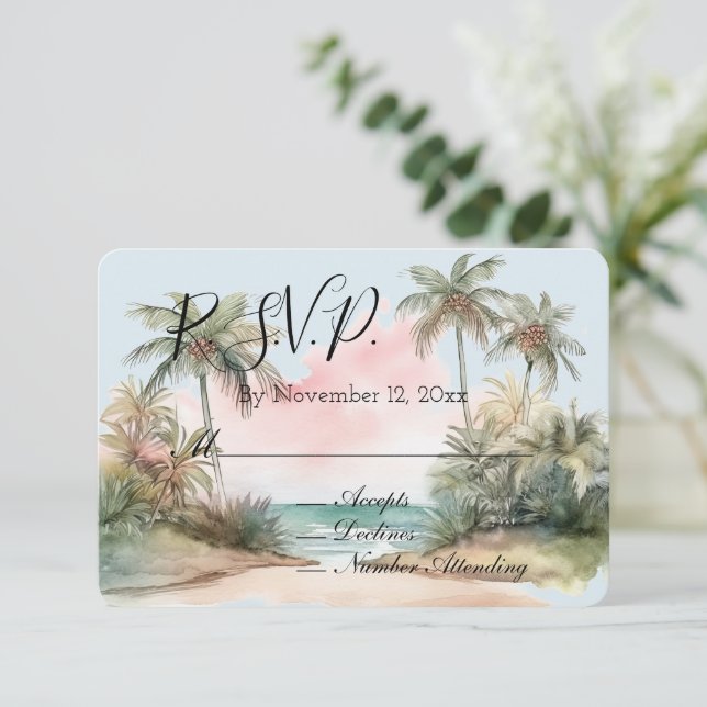 Tarjeta De Recepción Blue Aloha Beach Ocean Palm Trees Tropical RSVP (Anverso de pie)