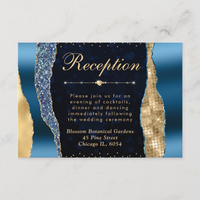 Tarjeta De Recepción Blue and Gold Glam Lears Bokeh Boda (Anverso)